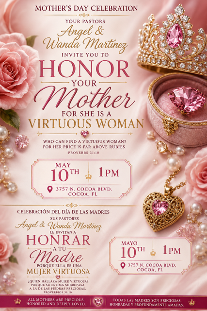 Volante decorativo del Día de las Madres con rosas rosadas, perlas y joyería dorada, con información del evento del 10 de mayo organizado por los pastores Angel y Wanda Martínez