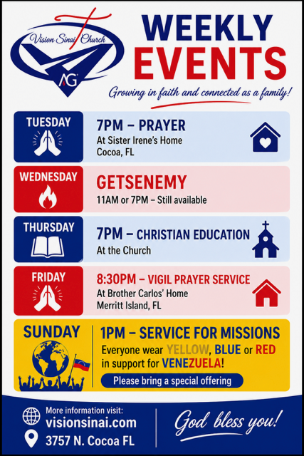 Weekly church events flyer for Vision Sinai Church showing prayer meetings, Christian education, vigil services, and Sunday missions service with times and locations.