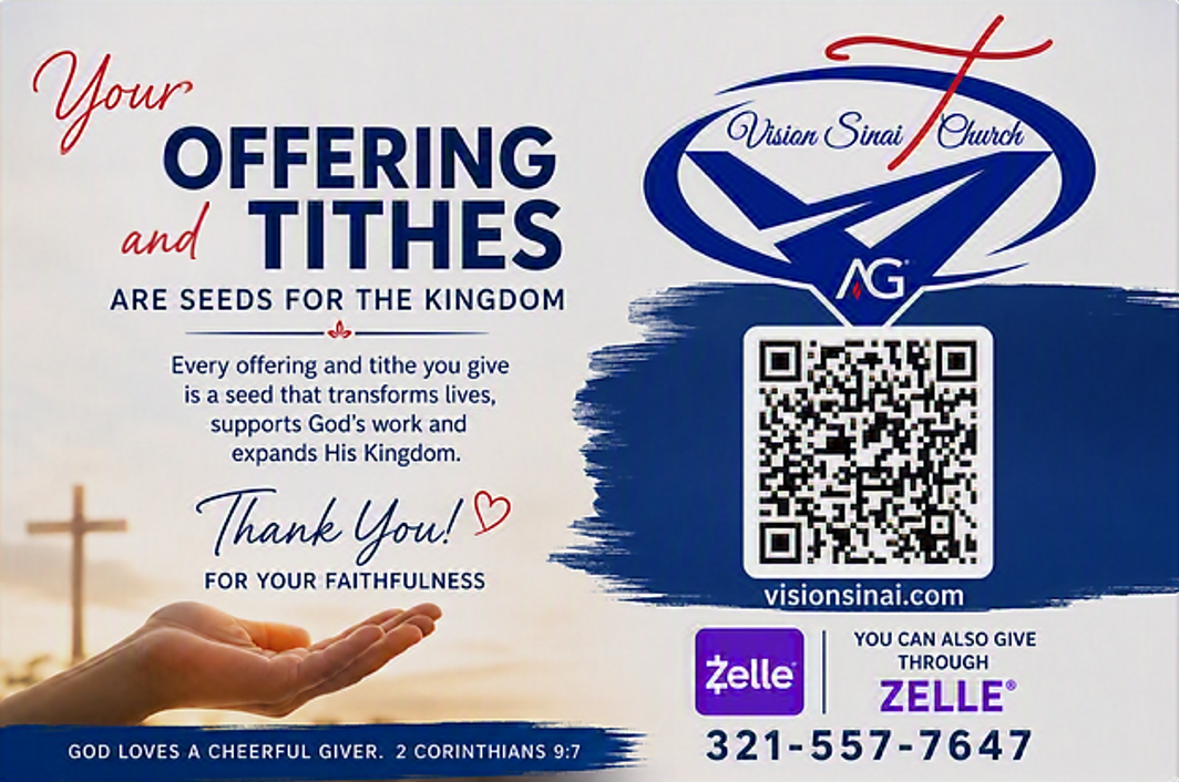 Church giving flyer with a hand holding a cross, Zelle logo, QR code, and text encouraging offerings and tithes.