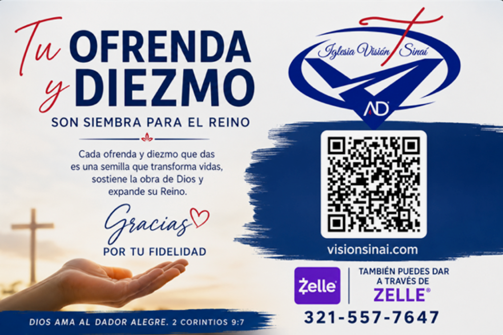 Volante de ofrendas con una mano sosteniendo una cruz, logo de Zelle, código QR y texto sobre ofrendas y diezmos.