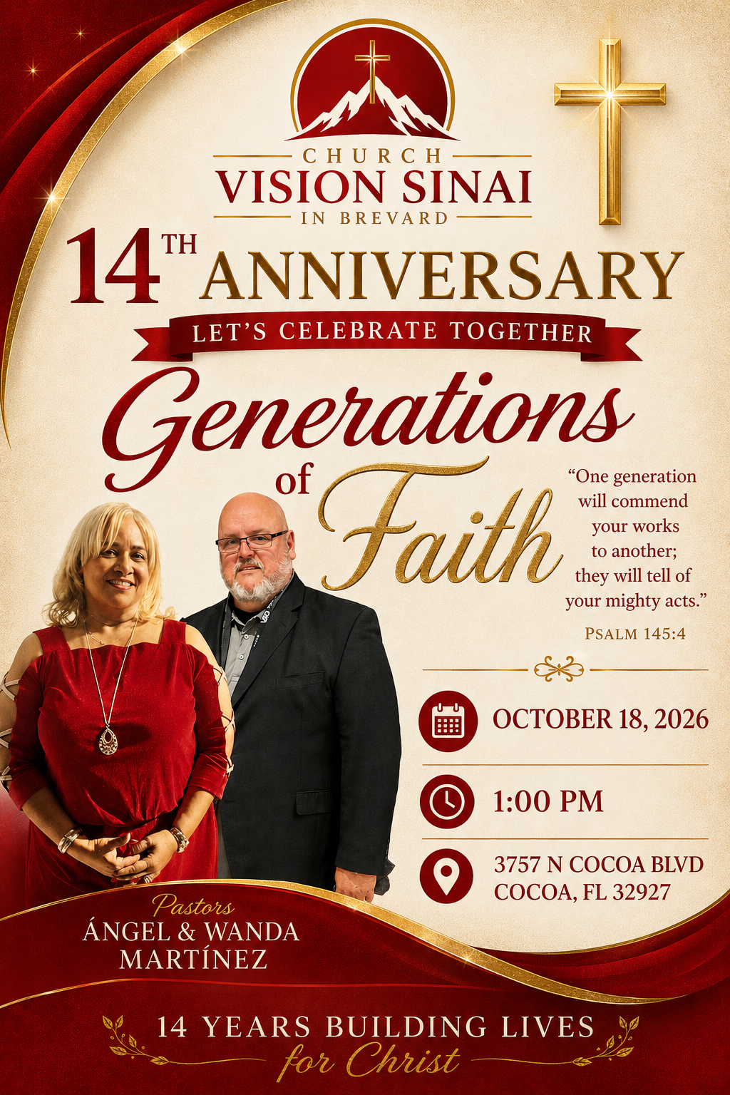 Church anniversary flyer with red and gold design, cross and mountain logo, event details for Vision Sinai’s 14th anniversary, and photos of Pastors Angel and Wanda Martinez