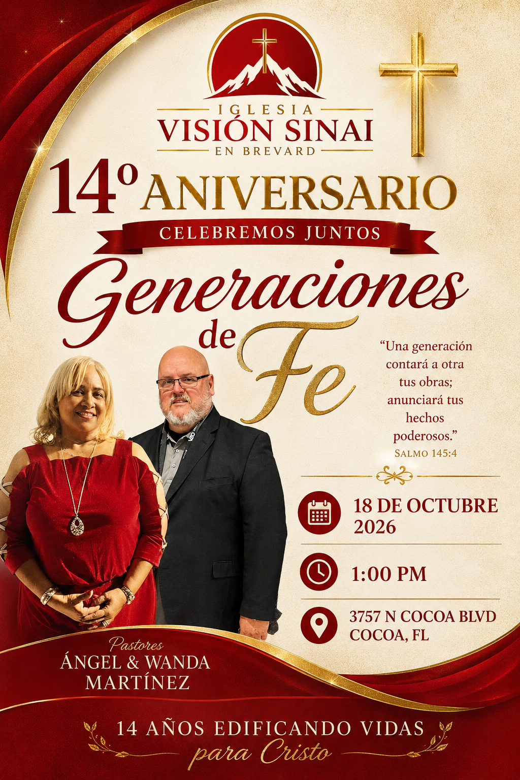 Volante de aniversario con diseño rojo y dorado, logo de cruz y montaña, detalles del evento por el 14º aniversario de Vision Sinai y fotos de los pastores Ángel y Wanda Martínez.
